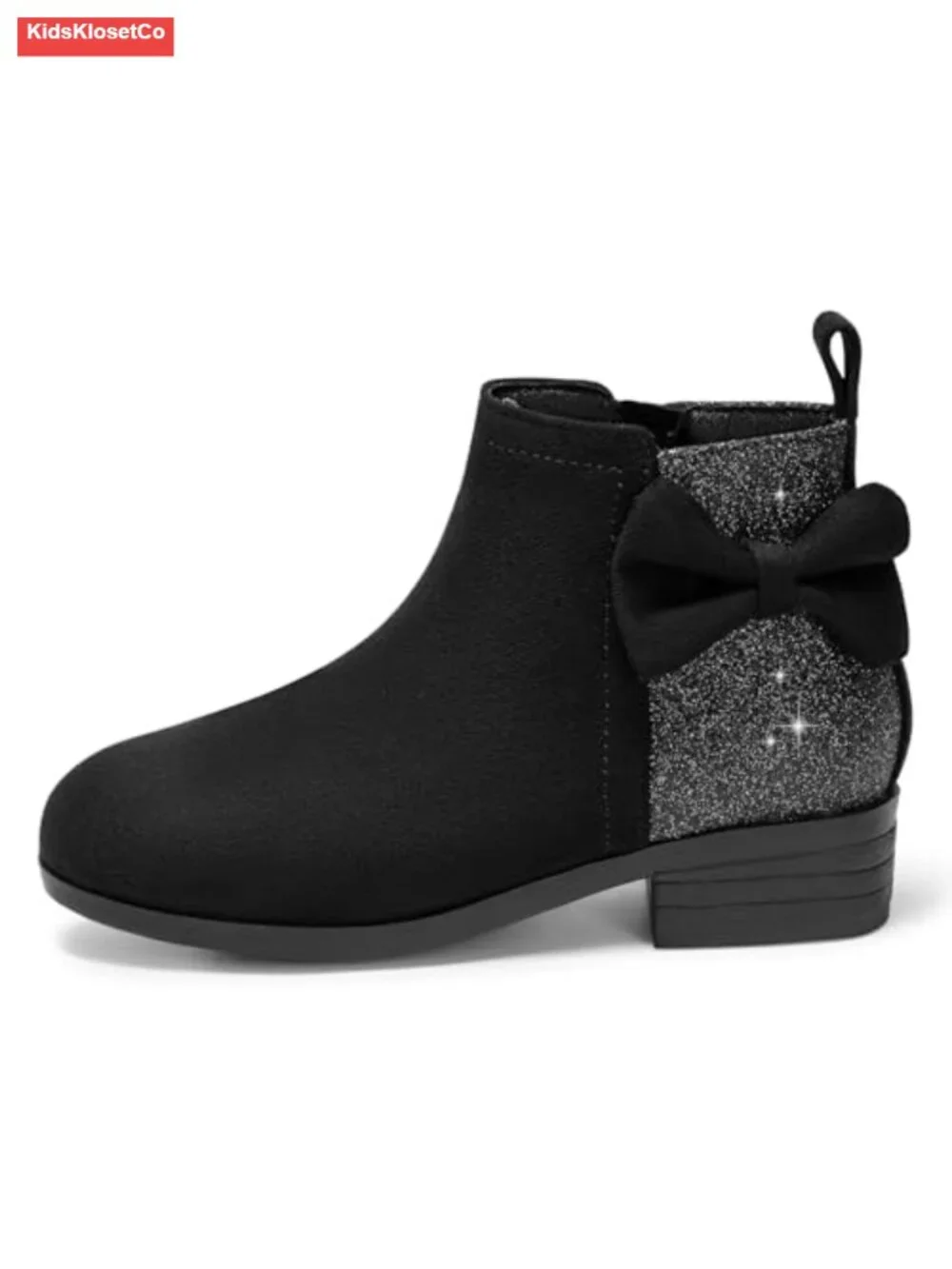 Girls Glitter Ankle Boots Side Zipper Low Heel Faux Suede Booties